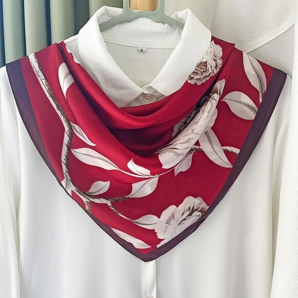 Silk Feeling Scarf Medium Square Satin Head 03 Red Flowers - Picture 5 of 7